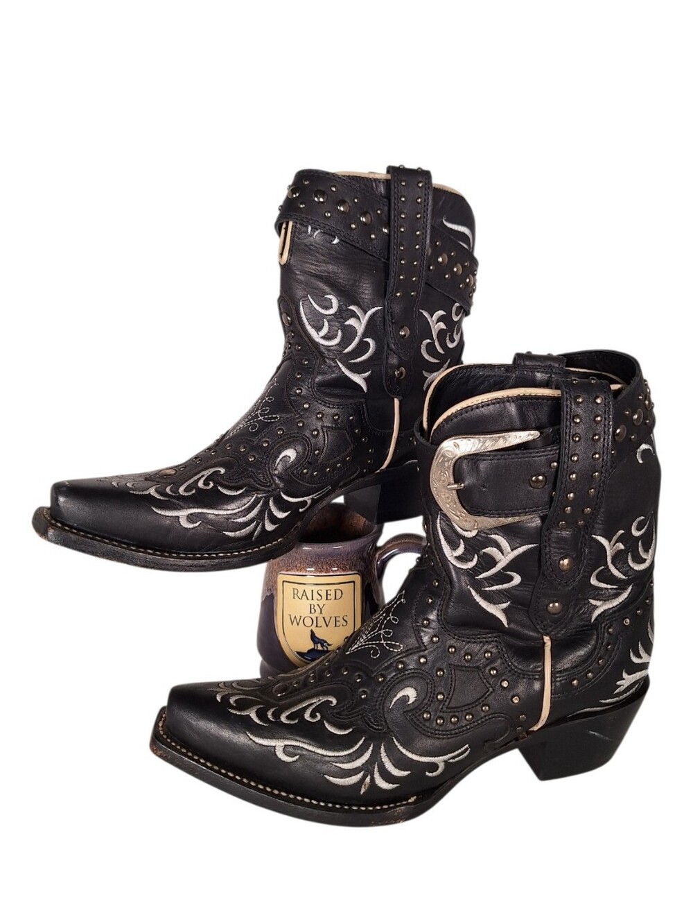 JB Dillon Genuine Leather Cowboy Boots Women 6.5 Studded Embroidered Black White